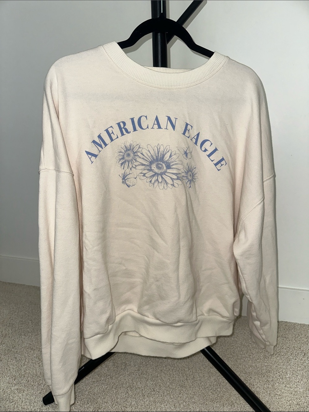 American Eagle Outfitters Cream Pullover with Blue Floral Logo